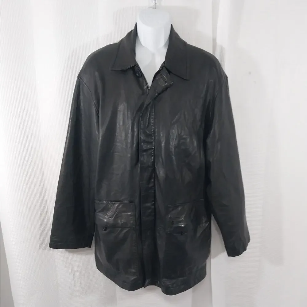 KENNETH COLE REACTION! BLACK GENUINE LAMB LEATHER STADIUM LENGTH COAT! SZ M